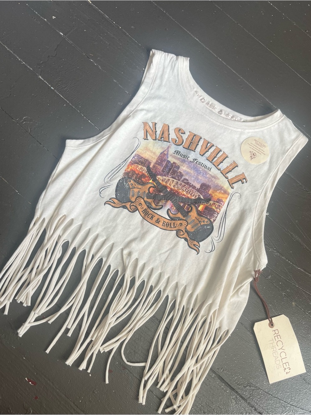 Women's White Nashville Fringe Tank Top - Rock & Roll Graphic